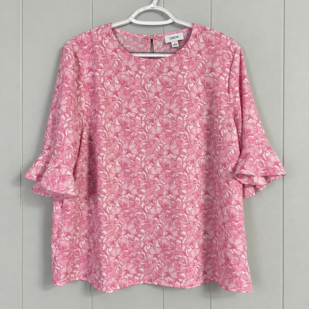 Pink Floral Ruffle Sleeve Blouse Women’s XL NWT CeCe Soft Orchid Top